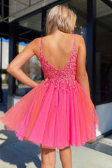 Hot Pink Sweetheart Spaghetti Straps 3D Floral Lace Appliqués Bodice Layered Tulle A-Line Homecoming Dress Mini