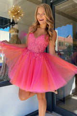 Hot Pink Sweetheart Spaghetti Straps 3D Floral Lace Appliqués Bodice Layered Tulle A-Line Homecoming Dress Mini