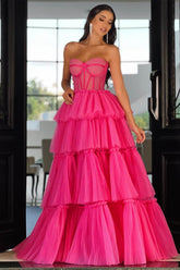 Hot Pink Sweetheart Strapless Ball Gown Tulle Pleated Ruffled Floor Length Evening Dress