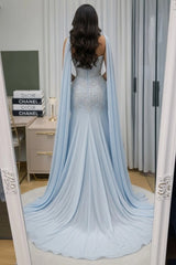 Ice Blue Crystal Beaded Lace Strapless Mermaid Evening Dress Cape Sleeves Chiffon Shoulder Drape Formal Gown with Train
