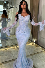 Ice Blue Lace Sequin Off-the-Shoulder Mermaid Evening Dress Peplum Waist Long Sleeve Gloves Formal Gown with Train