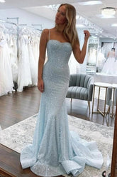 Ice Blue Sequin Mermaid Evening Dress Spaghetti Straps Sweetheart Crystal Beading Corset Formal Gown with Sweep Train