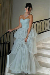 Ice Blue Strapless Sweetheart Sleeveless Corset Ruffled Ball Gown Formal Evening Dress