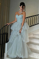 Ice Blue Strapless Sweetheart Sleeveless Corset Ruffled Ball Gown Formal Evening Dress