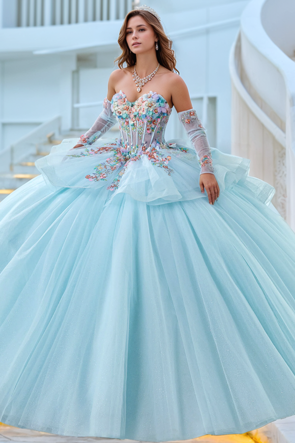 Ice Blue Sweetheart Sleeveless 3D Floral Applique Bow Ball Gown Quinceanera Dress