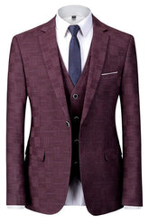 Iexus Stylish Burgundy Plaid Notched Lapel Three-Piece Business Suit for Men