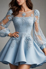 Illusion Bateau Neck Puff Sleeve Scatter Pearl 3D Floral Lace Embroidery Bodice Fit-and-Flare Mini Cocktail Dress Baby Blue