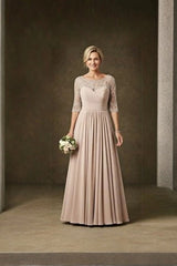Illusion Bateau Neck Silver Floral Vine Lace Bodice Three-Quarter Sleeve Button Back Ruched Waist Chiffon A-Line Mother of the Bride Dress