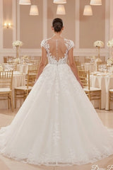 Illusion Cap Sleeve 3D Floral Lace Corset Ball Gown Wedding Dress Crystal Button V-Back Cathedral Train
