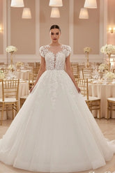 Illusion Cap Sleeve 3D Floral Lace Corset Ball Gown Wedding Dress Crystal Button V-Back Cathedral Train