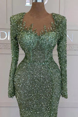Illusion Sweetheart Crystal Flame Spike Structured Square Shoulder Long Sleeve All-Over Dense Sequin Crystal Mermaid Evening Dress Front Slit