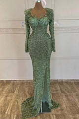 Illusion Sweetheart Crystal Flame Spike Structured Square Shoulder Long Sleeve All-Over Dense Sequin Crystal Mermaid Evening Dress Front Slit