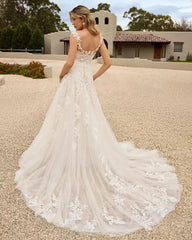 Ivory 3D Floral Lace Applique A-line Wedding Dress Sweetheart Sleeveless Open Back Cathedral Train Bridal Gown
