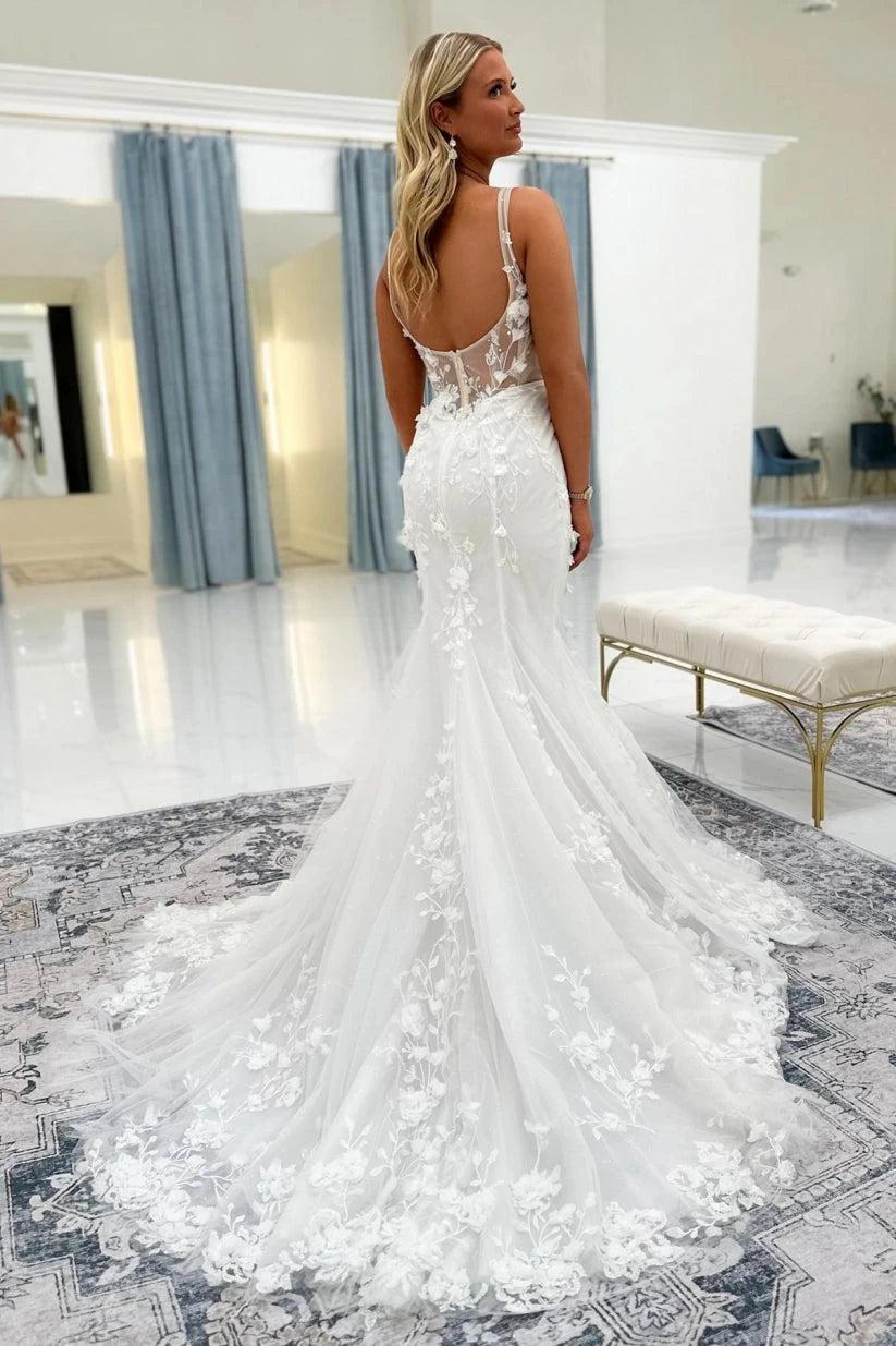 Ivory 3D Floral Lace Mermaid Wedding Dress Sweetheart Illusion Beaded Bodice Wide Straps Open U-Back Chapel Train Bridal Gown