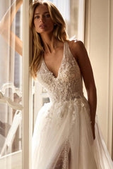 Ivory A-Line Wedding Dress Deep V Neck Wide Strap 3D Floral Beaded Bodice Tulle High Slit Romantic Bridal Gown with Cathedral Train