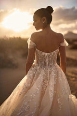 Ivory A-Line Wedding Dress Off Shoulder Sweetheart Sheer Boned Corset 3D Floral Beaded Tulle High Slit Bridal Gown with Chapel Train