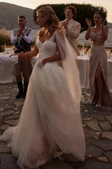Ivory A-Line Wedding Dress Sweetheart Flowing Tulle Cape Straps Ruched Corset Boho Bridal Gown with Chapel Train