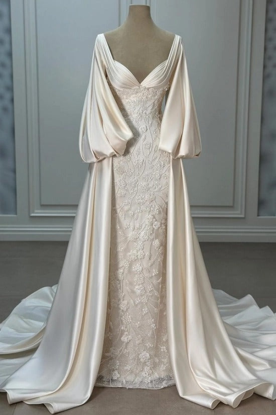 Ivory Beaded Lace Mermaid Wedding Dress V-Neck Detachable Satin Balloon Sleeve Wrap Bridal Gown with Train
