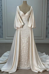 Ivory Beaded Lace Mermaid Wedding Dress V-Neck Detachable Satin Balloon Sleeve Wrap Bridal Gown with Train