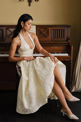 Ivory Beaded Rhinestone Halter Lace Corset Bow A-Line Sleeveless Midi Formal Dress