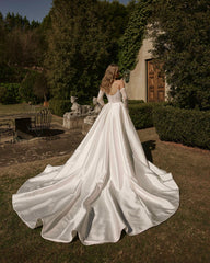 Ivory Beaded Rhinestone Mermaid Wedding Dress Strapless Long Sleeves Corset Bodice Detachable Satin Train Bridal Gown