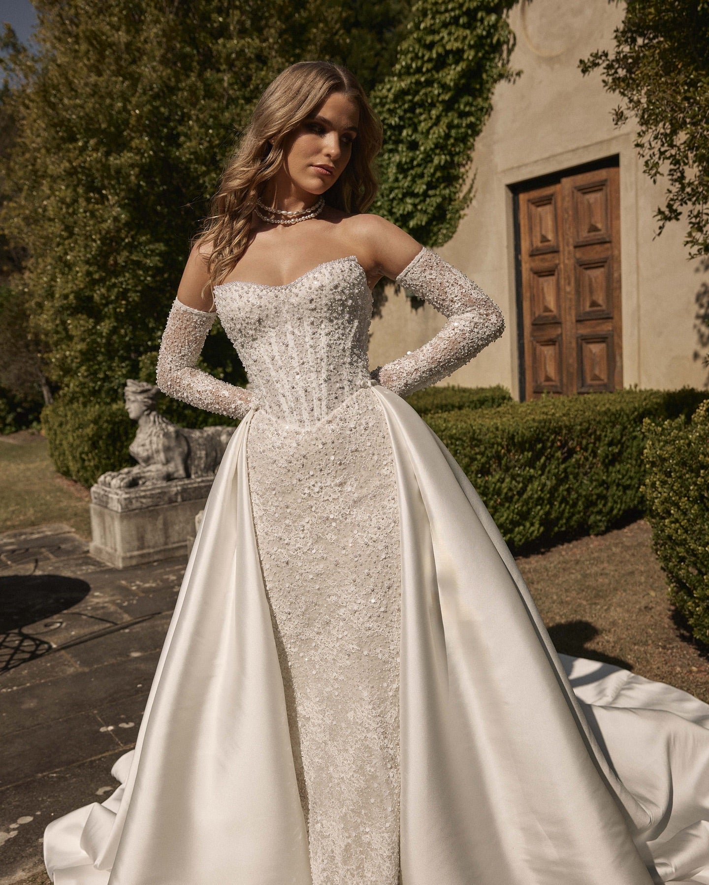 Ivory Beaded Rhinestone Mermaid Wedding Dress Strapless Long Sleeves Corset Bodice Detachable Satin Train Bridal Gown