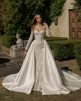 Ivory Beaded Rhinestone Mermaid Wedding Dress Strapless Long Sleeves Corset Bodice Detachable Satin Train Bridal Gown