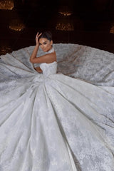 Ivory Glitter Lace Ball Gown Wedding Dress Strapless Sweetheart Illusion Lace Corset Crystal Beading Princess Bridal Gown with Cathedral Train