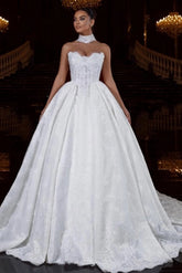 Ivory Glitter Lace Ball Gown Wedding Dress Strapless Sweetheart Illusion Lace Corset Crystal Beading Princess Bridal Gown with Cathedral Train