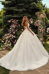 Ivory Glitter Tulle Ball Gown Wedding Dress Strapless Sweetheart Sheer Illusion 3D Floral Lace Applique Crystal Beaded Corset Bodice Scattered Lace Cathedral Train Bridal Gown