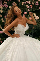 Ivory Glitter Tulle Ball Gown Wedding Dress Strapless Sweetheart Sheer Illusion 3D Floral Lace Applique Crystal Beaded Corset Bodice Scattered Lace Cathedral Train Bridal Gown