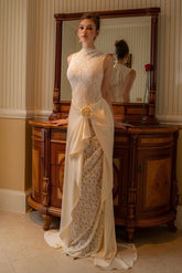 Ivory High Neck Sleeveless Mermaid Lace Floral Waist Sash Floor Length Evening Gown