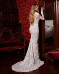 Ivory Illusion High Neck Long Sleeve Mermaid Wedding Dress Full Lace Applique Open Back Chapel Train Bridal Gown