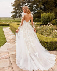 Ivory Lace Applique A-line Wedding Dress V-neck Long Sleeves Illusion Open Back Cathedral Train Bridal Gown