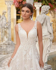 Ivory Lace Applique A-line Wedding Dress V-neck Sleeveless Open Back Cathedral Train Bridal Gown