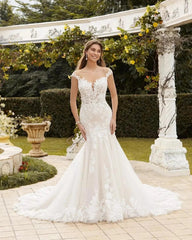 Ivory Lace Applique Mermaid Wedding Dress Illusion Scoop Neck Cap Sleeves Open Back Cathedral Train Bridal Gown