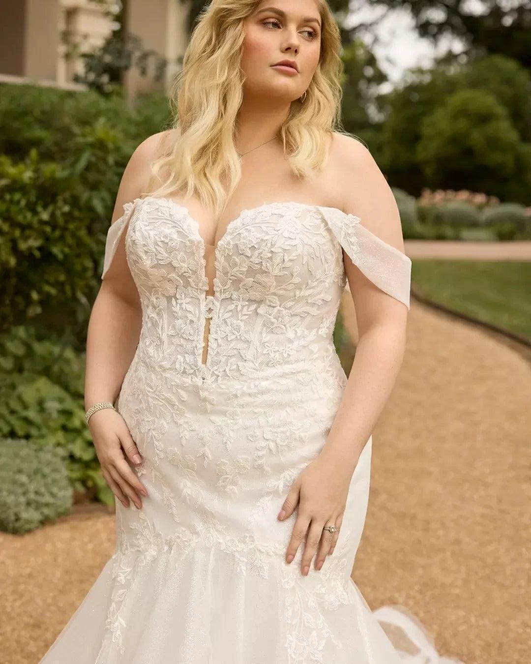 Ivory Lace Applique Mermaid Wedding Dress Off-the-shoulder Sleeveless Open Back Ruffle Cathedral Train Plus Size Bridal Gown