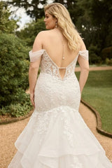 Ivory Lace Applique Mermaid Wedding Dress Off-the-shoulder Sleeveless Open Back Ruffle Cathedral Train Plus Size Bridal Gown