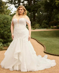 Ivory Lace Applique Mermaid Wedding Dress Off-the-shoulder Sleeveless Open Back Ruffle Cathedral Train Plus Size Bridal Gown