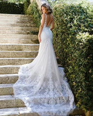Ivory Lace Applique Mermaid Wedding Dress V-Neck Sleeveless Open Back Sweep Train Bridal Gown