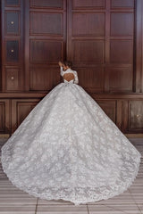 Ivory Lace Ball Gown Wedding Dress Sweetheart Long Sleeves Open Back Floral Embroidery Princess Bridal Gown with Cathedral Train