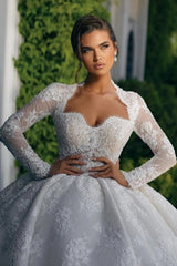 Ivory Lace Ball Gown Wedding Dress Sweetheart Long Sleeves Open Back Floral Embroidery Princess Bridal Gown with Cathedral Train