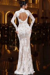 Ivory Lace Mermaid Wedding Dress High Neck Long Sleeve Illusion Lace 3D Floral Applique Open Back Bridal Gown with Sweep Train