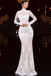 Ivory Lace Mermaid Wedding Dress High Neck Long Sleeve Illusion Lace 3D Floral Applique Open Back Bridal Gown with Sweep Train