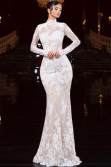 Ivory Lace Mermaid Wedding Dress High Neck Long Sleeve Illusion Lace 3D Floral Applique Open Back Bridal Gown with Sweep Train