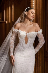 Ivory Lace Mermaid Wedding Dress Off-the-Shoulder Long Sleeves Illusion Plunge Corset 3D Floral Sequin Bridal Gown with Cathedral Train
