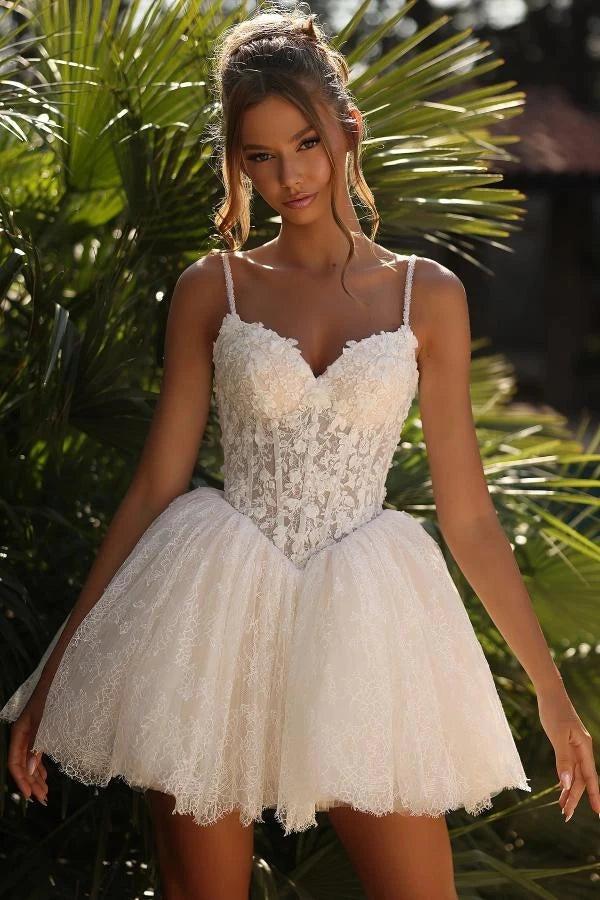 Ivory Lace Tulle Mini Wedding Dress Spaghetti Straps Sweetheart Sheer  Illusion Lace Boned Corset Voluminous Lace Tulle Skirt Scallop Hem
