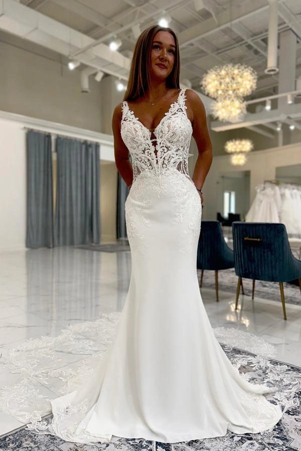 Ivory Mermaid Wedding Dress Deep V Neck Illusion Baroque Lace Bodice Crepe Skirt Cathedral Train | Misshow Ivory Mermaid Wedding Dress Deep V Neck Illusion Baroque Lace Bodice Crepe Skirt Cathedral Train | Misshow