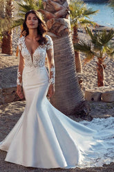 Ivory Mermaid Wedding Dress Long Sleeve Deep V-Neck Floral Lace Appliques Open Back Cathedral Train