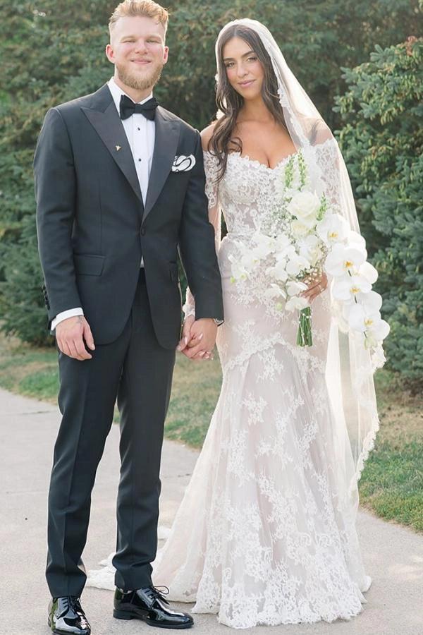 Ivory Mermaid Wedding Dress Off Shoulder Sweetheart Long Lace Sleeves Floral Applique Chapel Train | Misshow misshow.com Ivory Mermaid Wedding Dress Off Shoulder Sweetheart Long Lace Sleeves Floral Applique Chapel Train | Misshow misshow.com